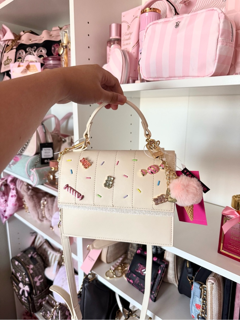 Betsey Johnson Cream Crossbody Bag with Candy Charms and Gold Chain - Picture 5 of 5